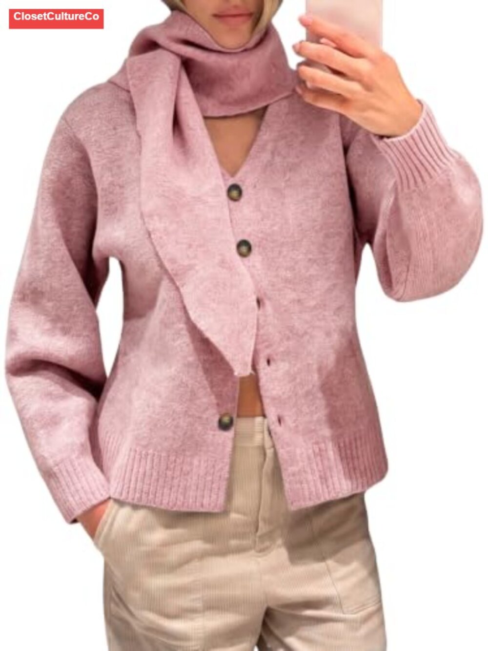 V Neck Knit Cardigan with Scarf Collar Loose Fit Women Sweater